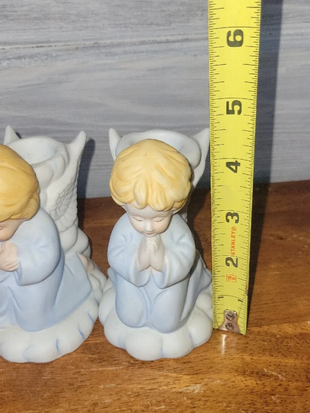 Porcelain Praying Angel Figurines Pair in Light Blue Candle Holders